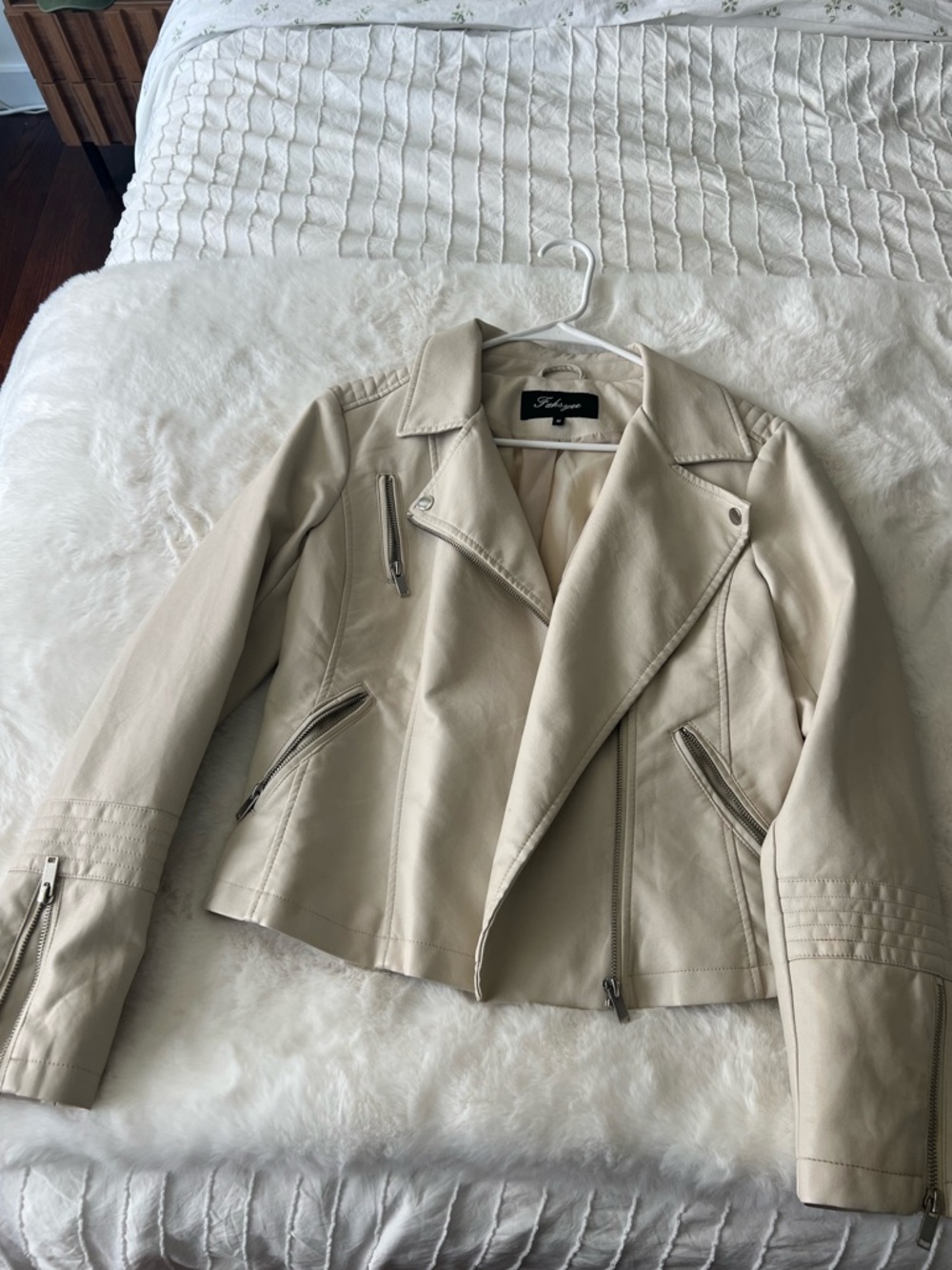 Faux Leather Cream Moto Jacket by